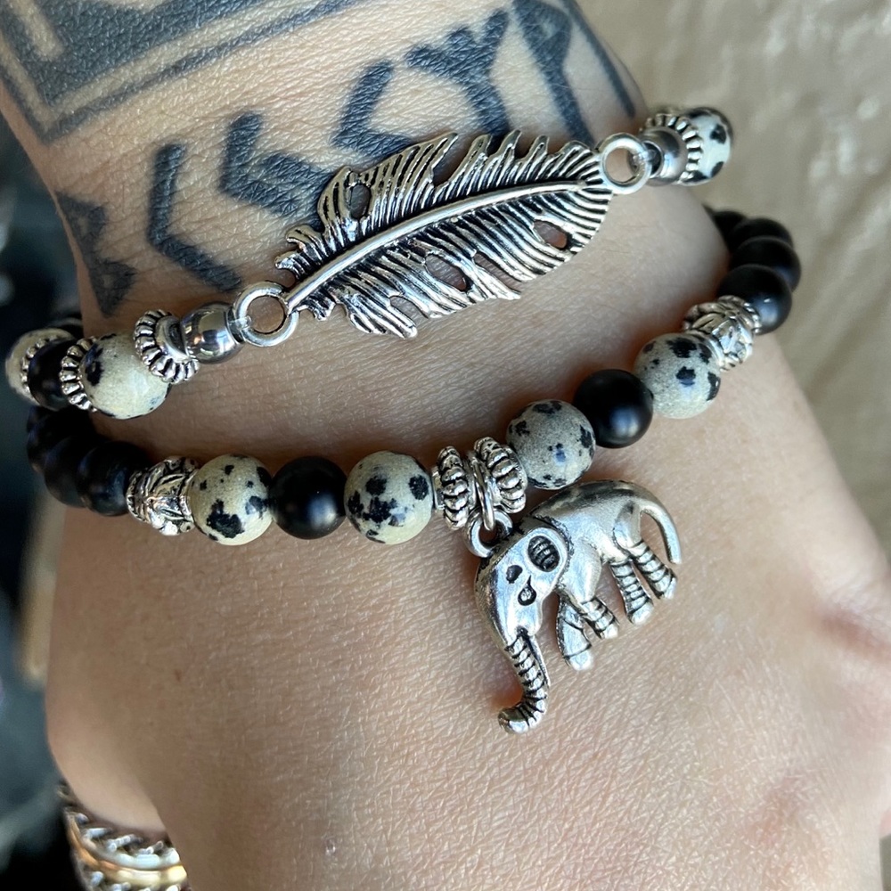 Onyx & jasper elephant leaf feather set bracelets - Picture 8 of 13